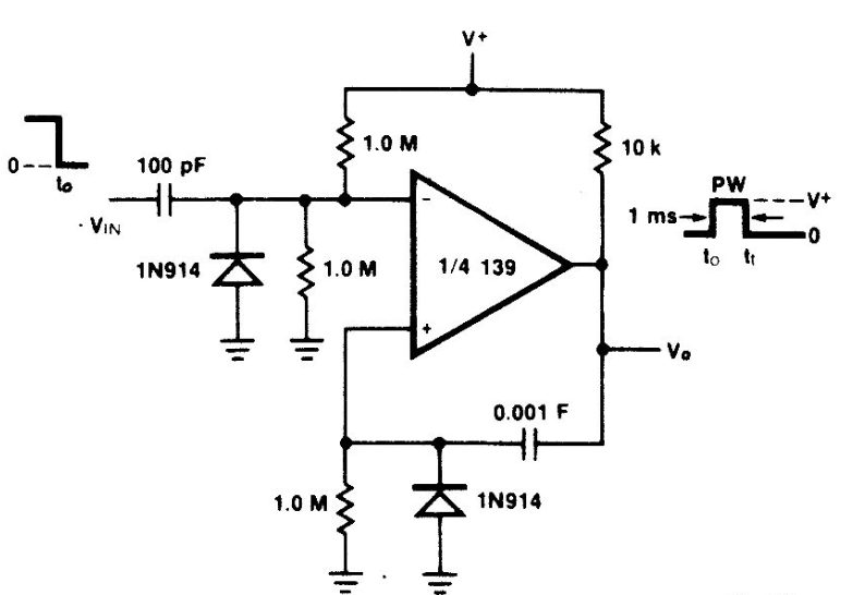 monostable multivibrator circuit utilizing the LM139 as the primary component