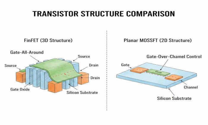 FinFET vs Planar MOSFET Transistor Structure Comparison