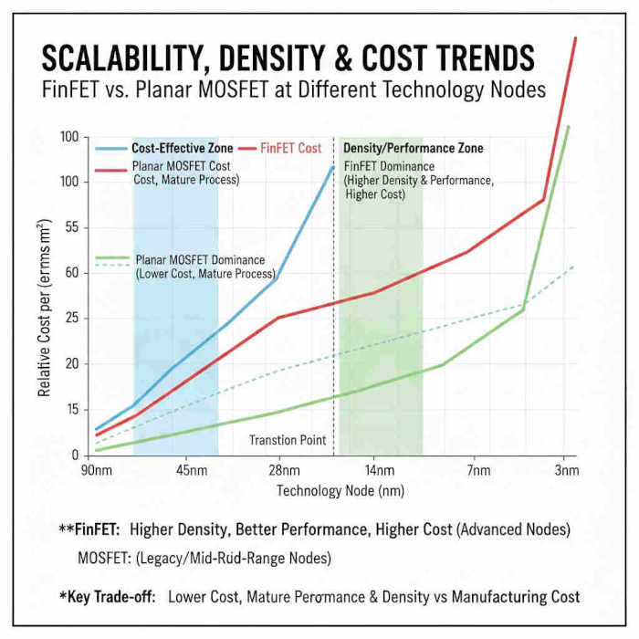 Scalability Density Cost Trends FinFET vs Planar MOSFET at Different Technology Nodes